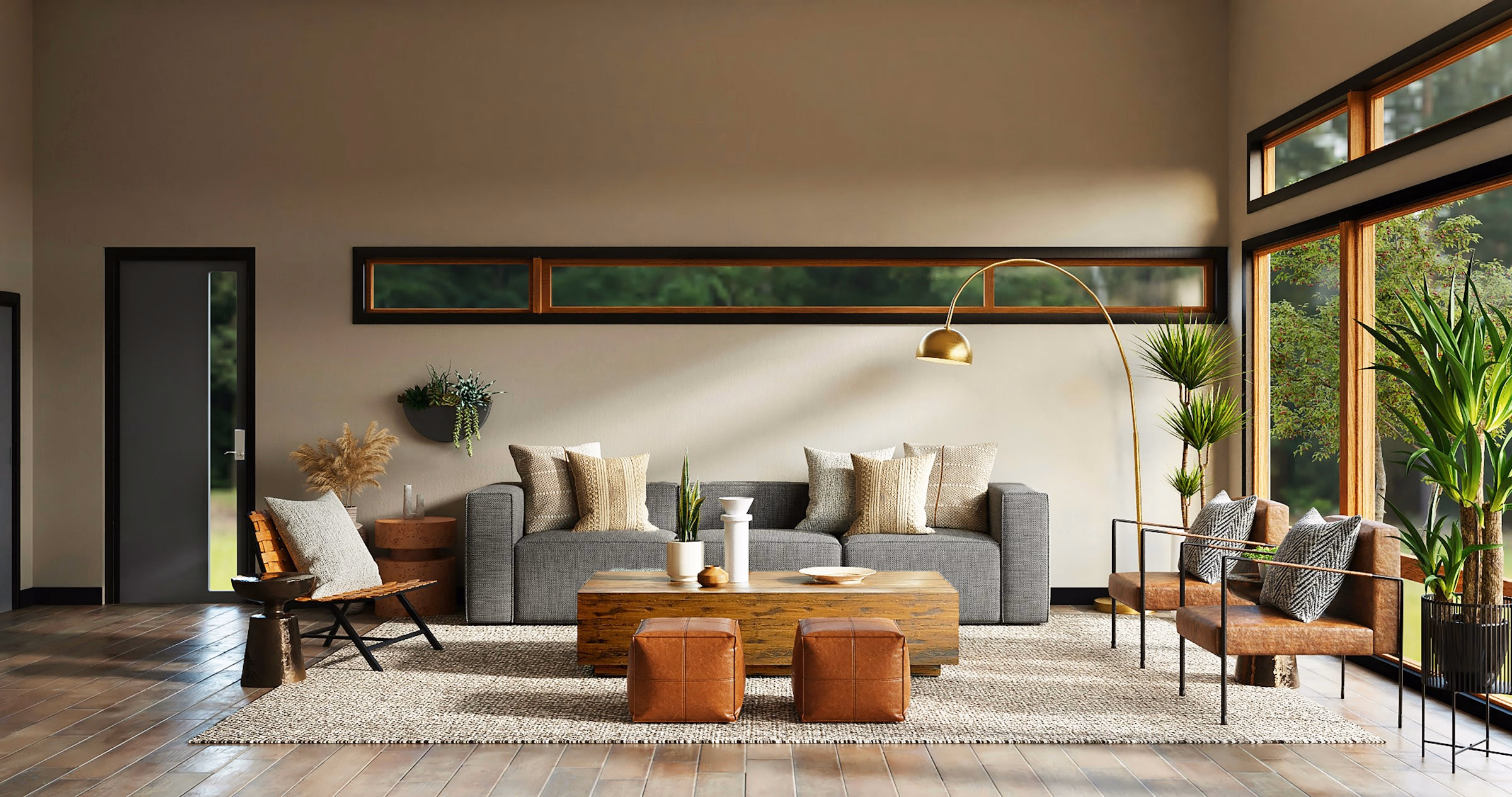Sunlit living room with floor-to-ceiling windows