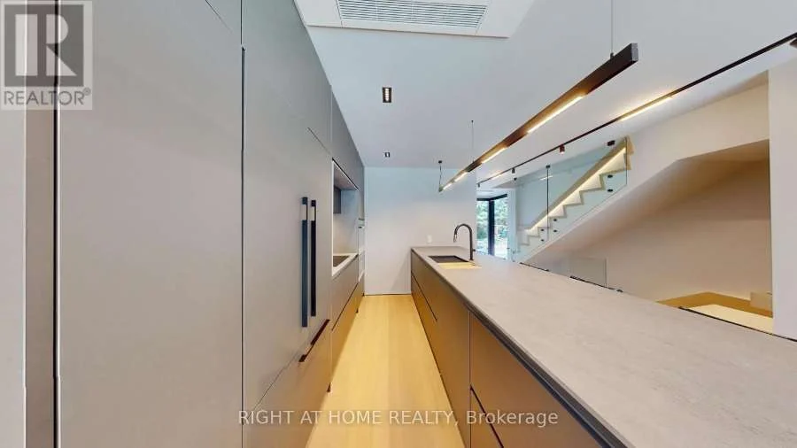Galley kitchen with a long island, integrated cabinetry and a skylight