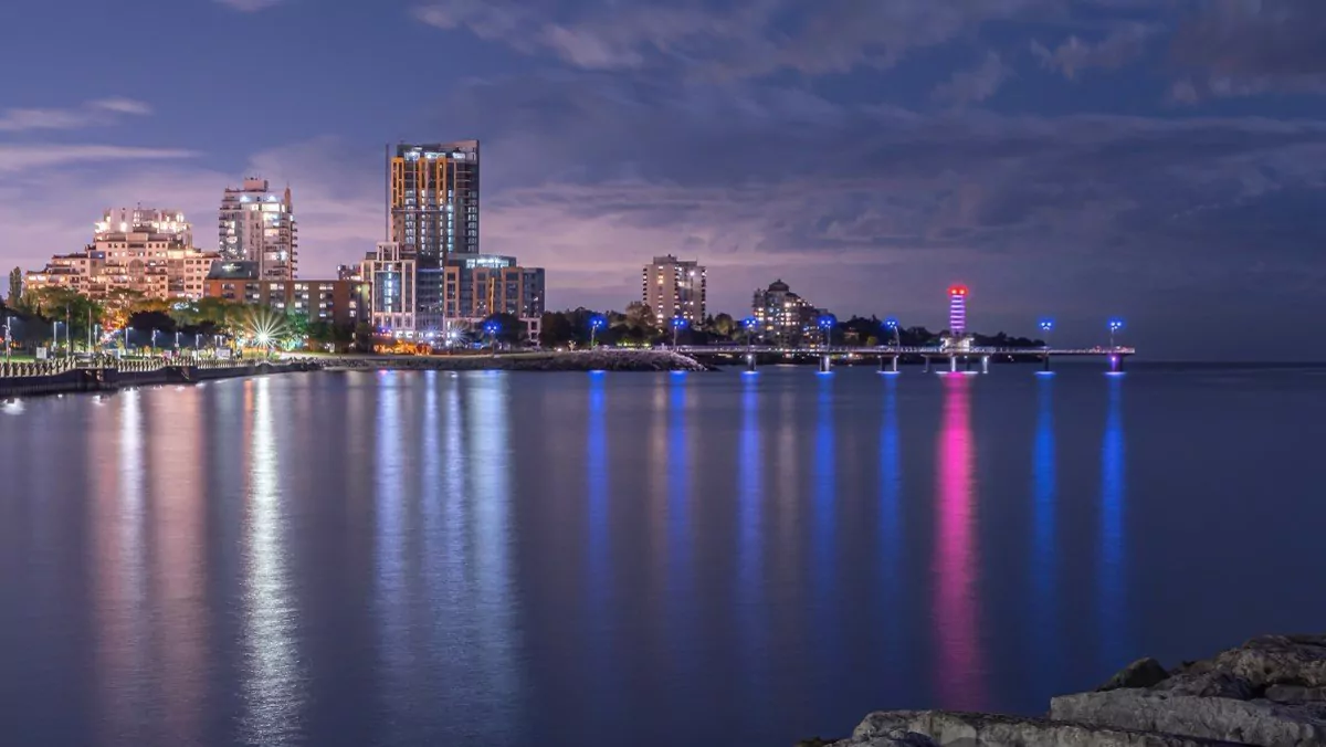 Burlington's lakefront skyline lit up at night