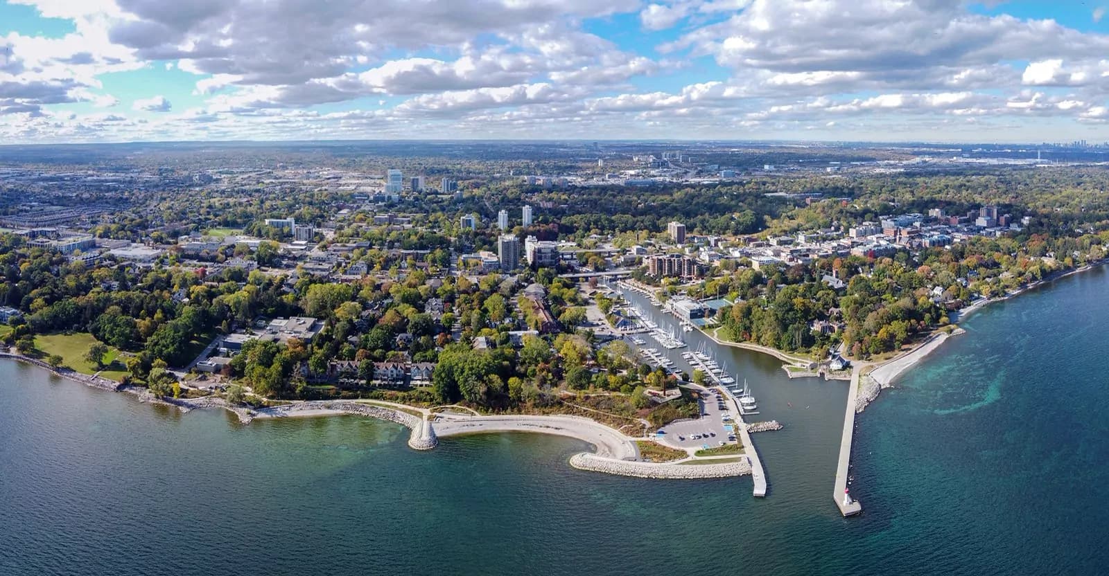 Aerial view of Oakville Harbour and the lakeshore