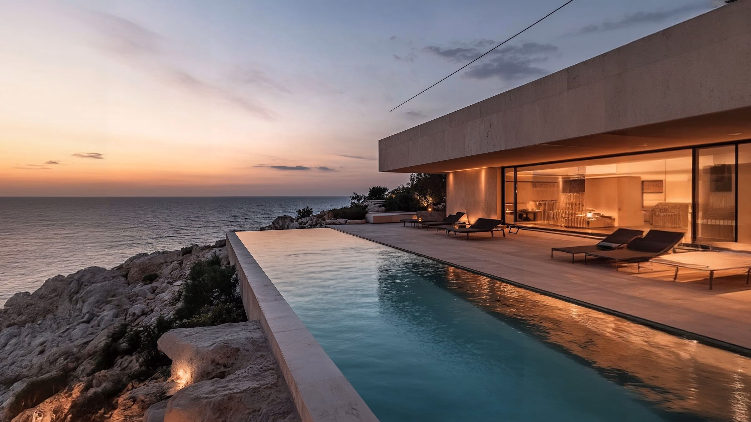 Modern clifftop home with an infinity pool at dusk