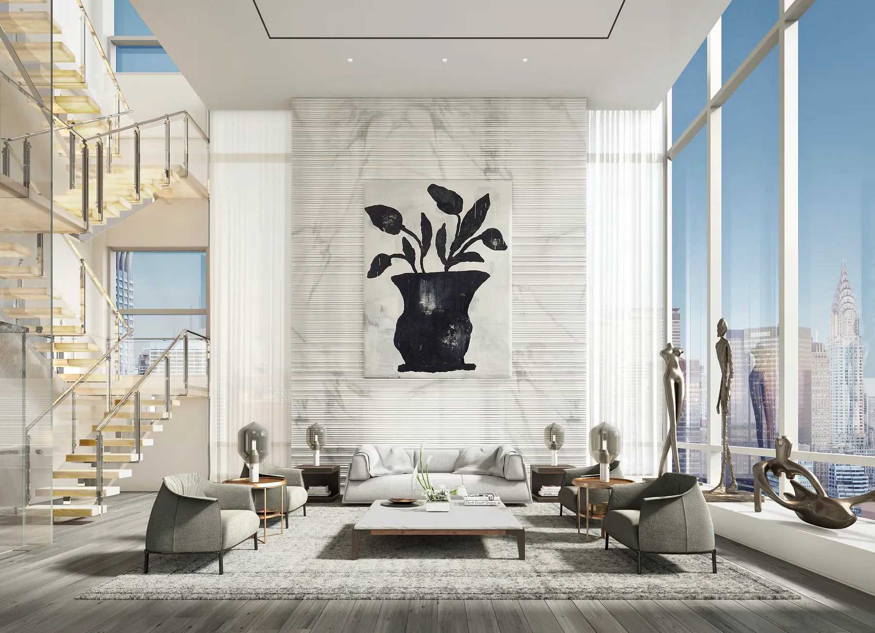 Double-height penthouse living room with floor-to-ceiling city views