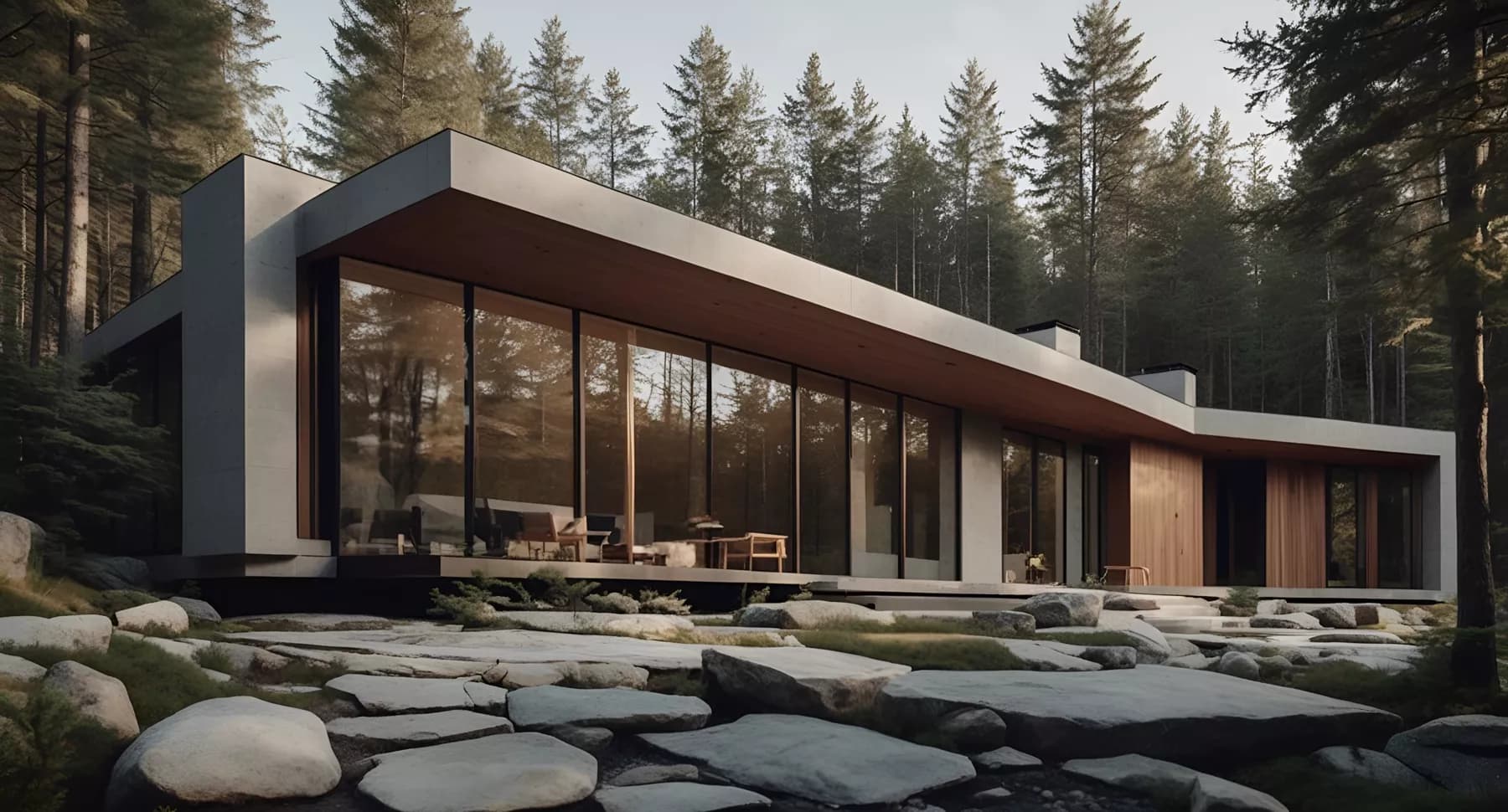 Modern glass house among pine trees