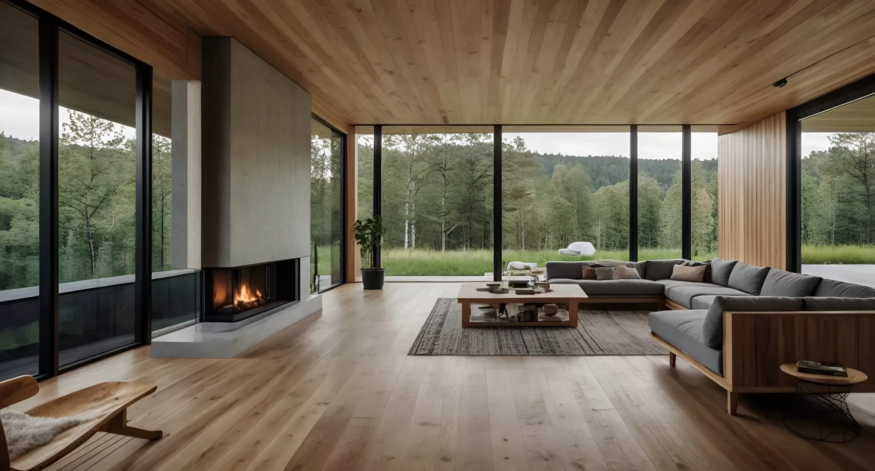 Wood-lined living room with a fireplace and forest views